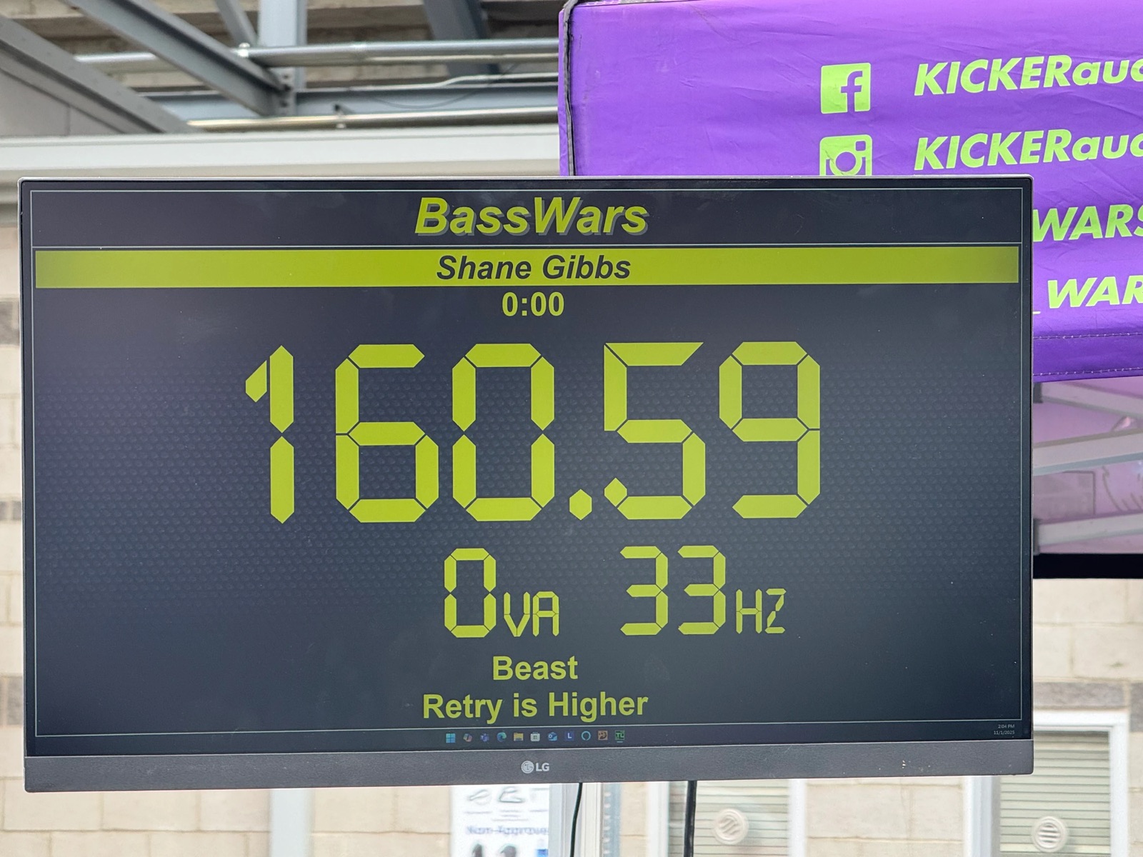 A Kicker Bass Wars scoreboard reading 160.59 decibels at 33 hertz, class Beast, timestamped November 1, 2025.