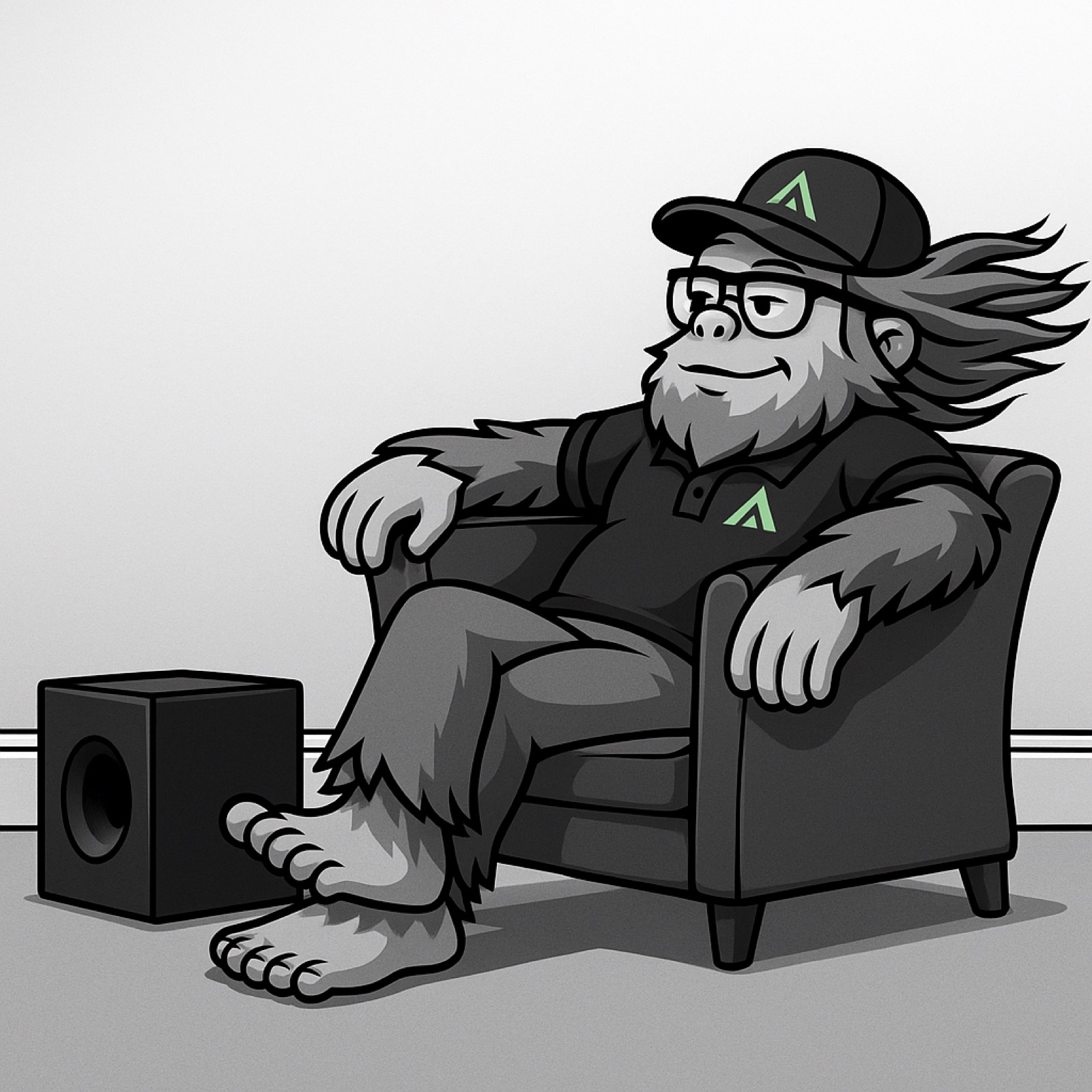 A cartoon Bigfoot in glasses, a Field Advantage cap and polo, lounging in an armchair beside a subwoofer.